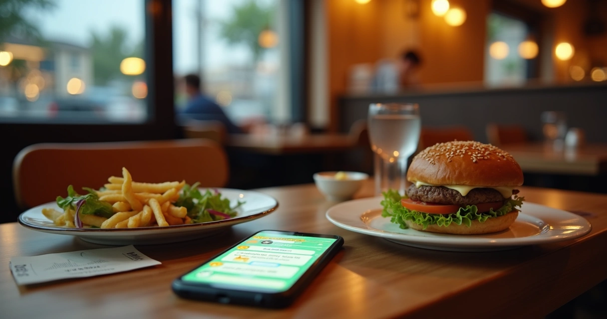 Cliente em mesa de restaurante avaliando prato pelo celular 