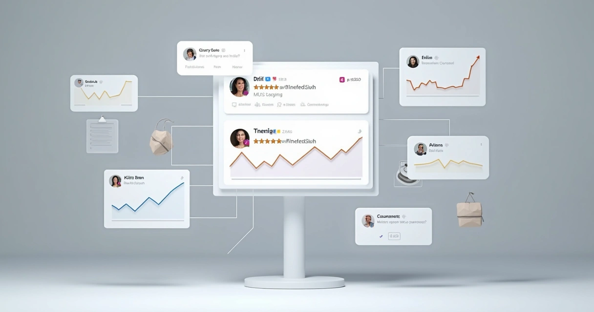 Balcão digital mostrando feedbacks e tendências do mercado nas redes sociais.