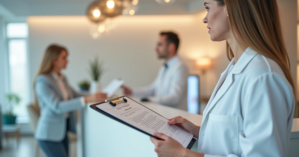 Profissional de clínica anotando feedbacks de pacientes em uma prancheta