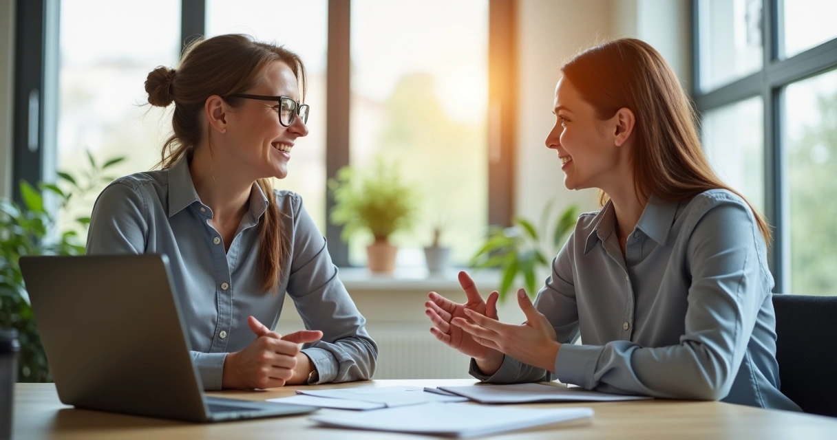 Gestora dando feedback positivo para colaborador em escritório 