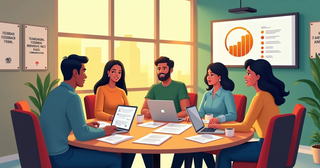 Grupo diversificado de novos colaboradores discutindo feedbacks em um ambiente de escritório moderno.
