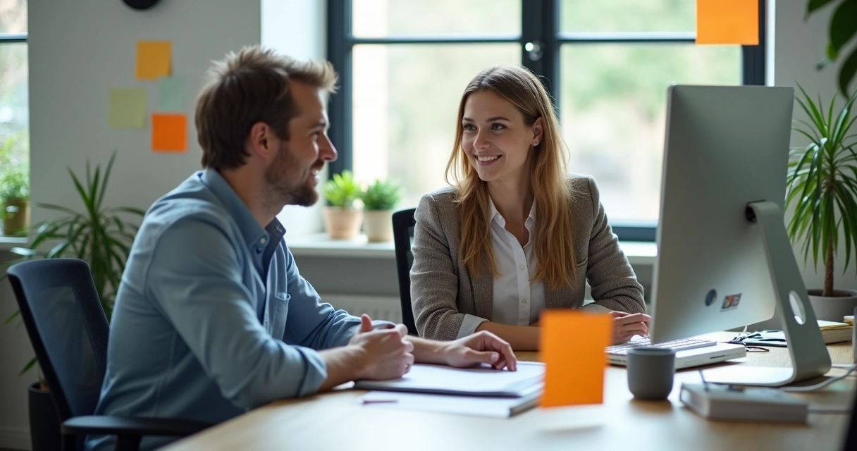 Dois colegas conversando de forma colaborativa em um escritório
