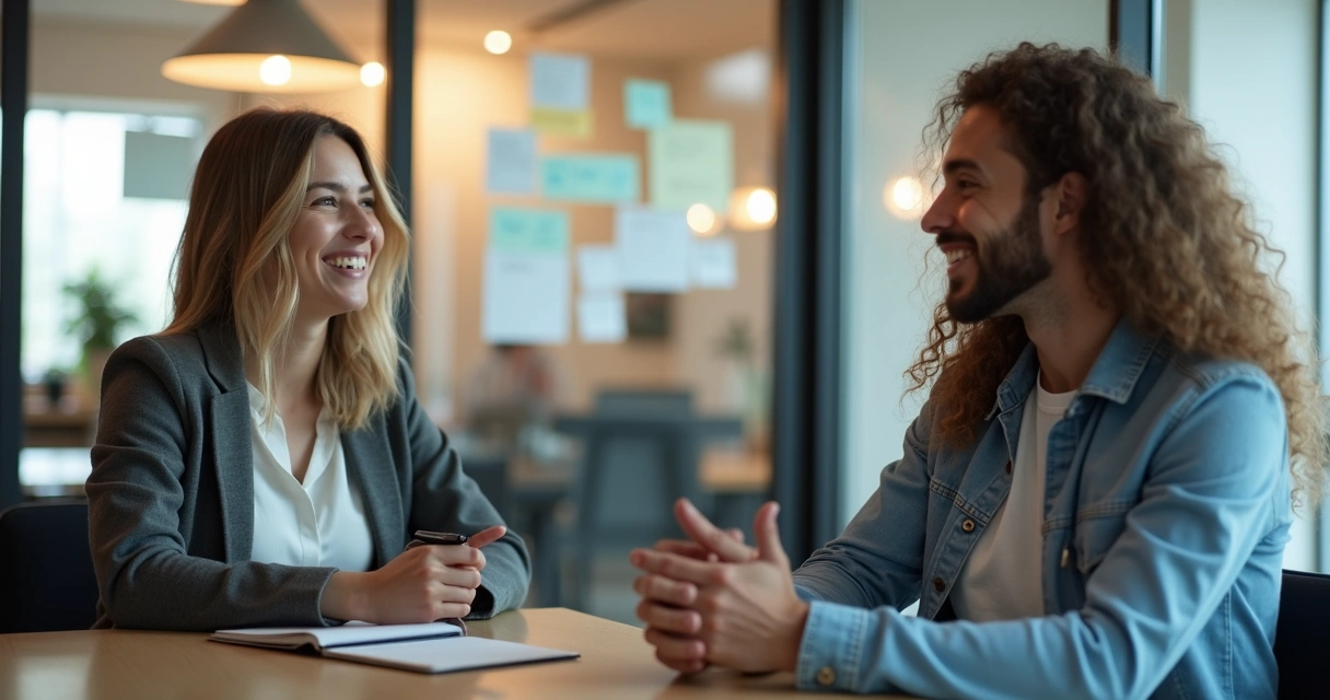 Colega recebe feedback construtivo durante conversa tranquila em sala de reunião