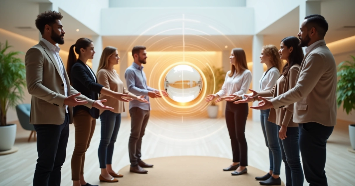 Grupo diverso tocando uma esfera luminosa em ambiente de trabalho moderno 
