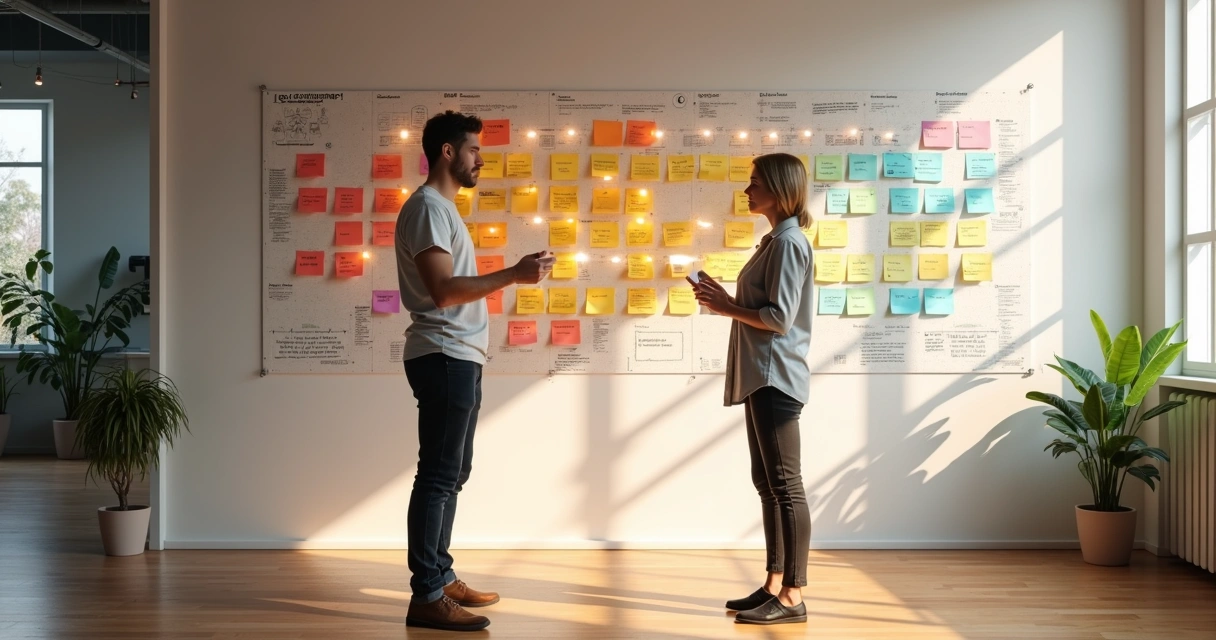 Duas pessoas em frente a mural colorido trocando feedback com post-its flutuando entre elas 