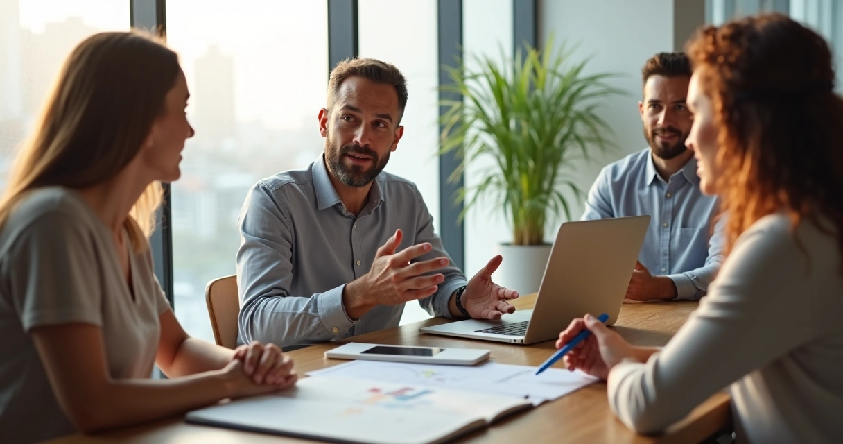 Reunión de trabajo donde una persona recibe feedback respetuoso en un entorno luminoso y moderno 
