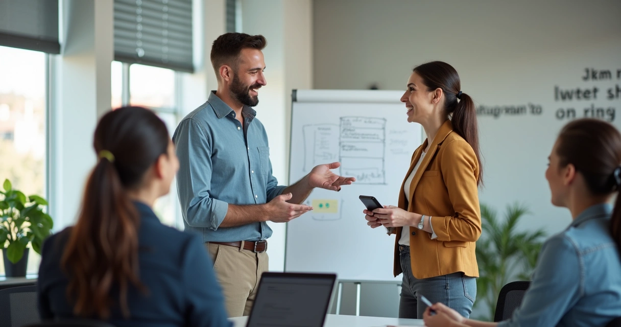 Gestora dando feedback construtivo para colaborador, ambos sorrindo, em escritório moderno com quadro branco ao fundo 