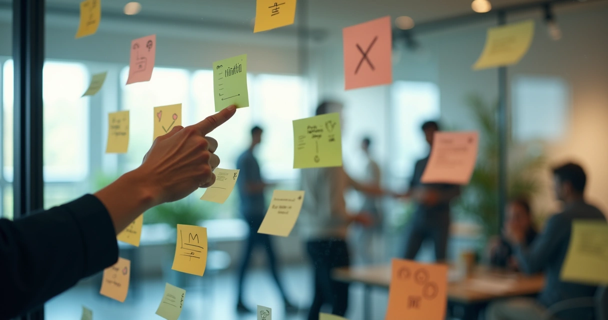 Mãos diferentes colando cartões coloridos em quadro de feedback em ambiente corporativo moderno 