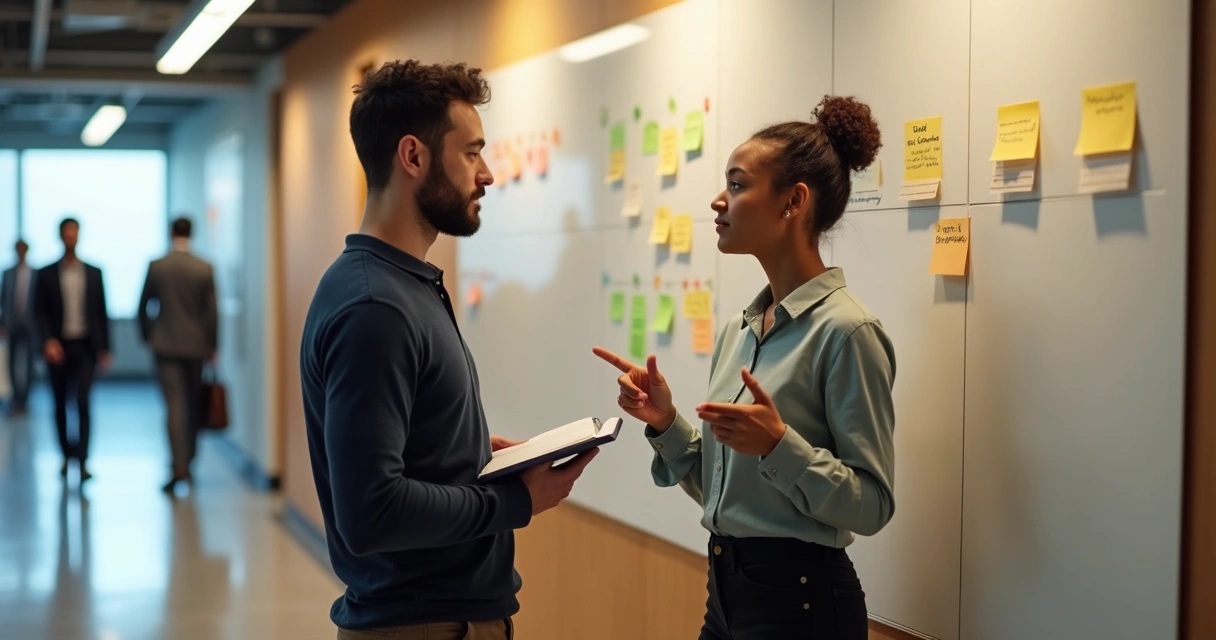 Dois colegas trocando feedback em corredor de escritório com quadro de post-its ao fundo 