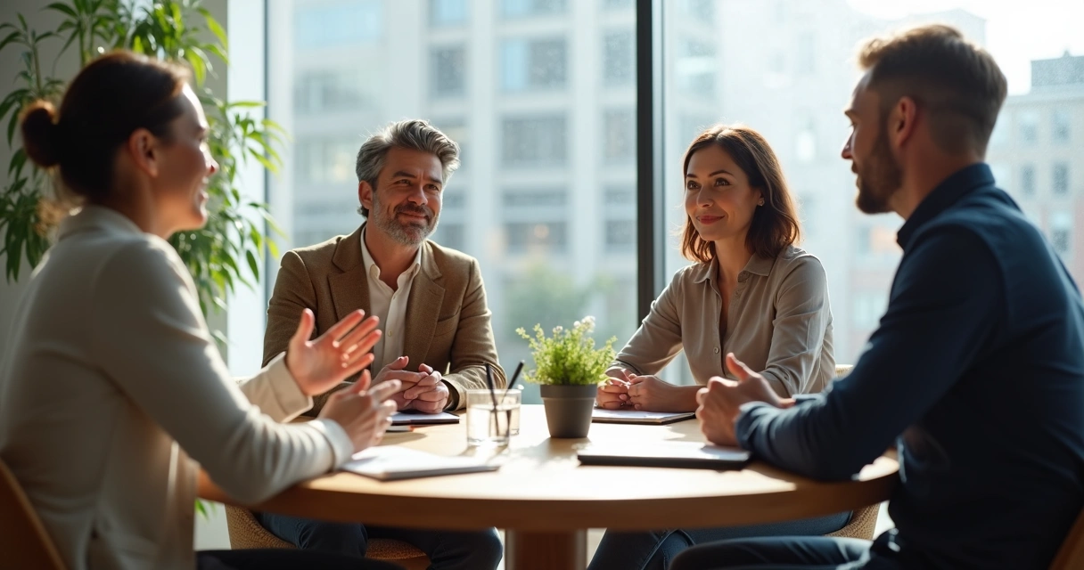 Grupo diverso em reunião praticando feedback consciente em ambiente acolhedor 