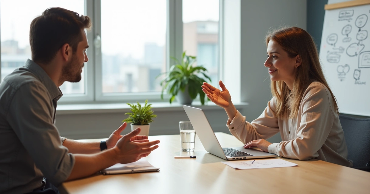 Líder e colaborador em conversa de feedback em sala de reunião moderna 