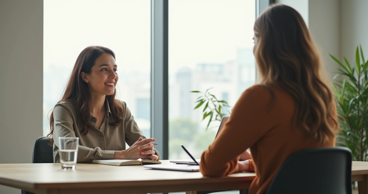Duas pessoas em reunião trocando feedback com postura aberta 