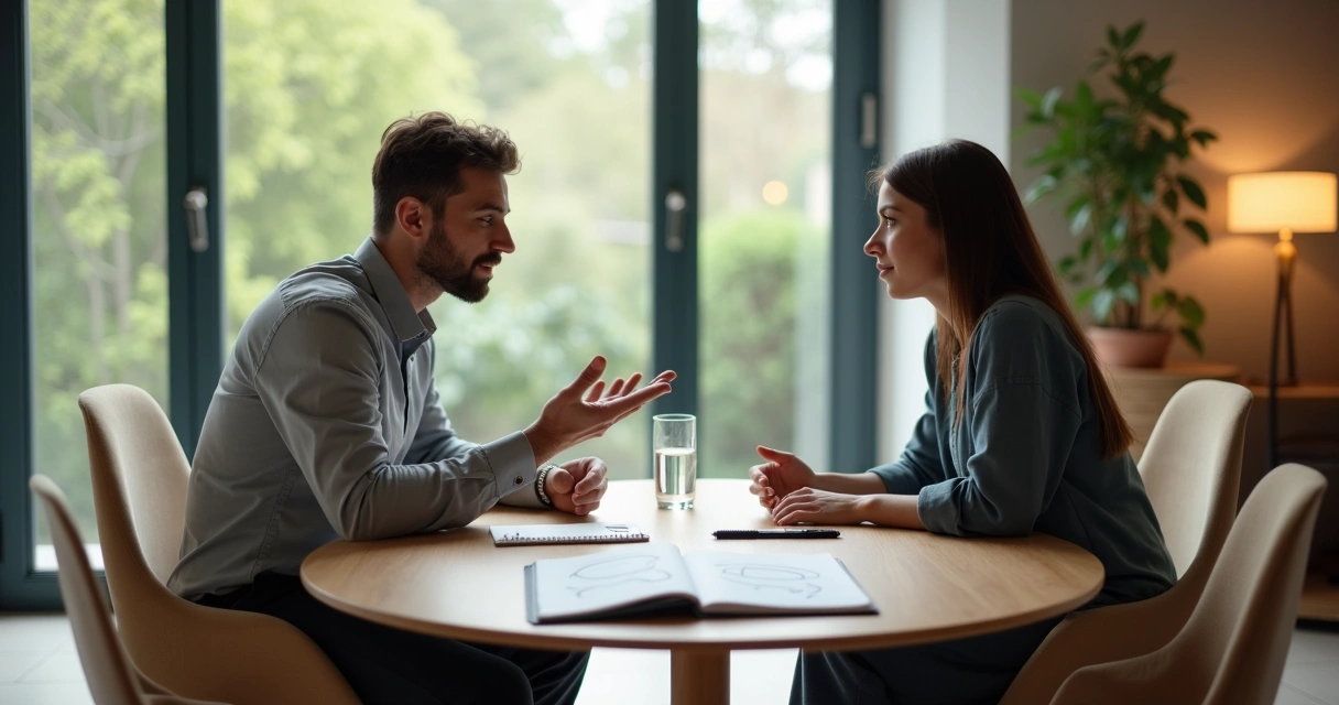 Profissionais conversando frente a frente em ambiente de reunião acolhedor 