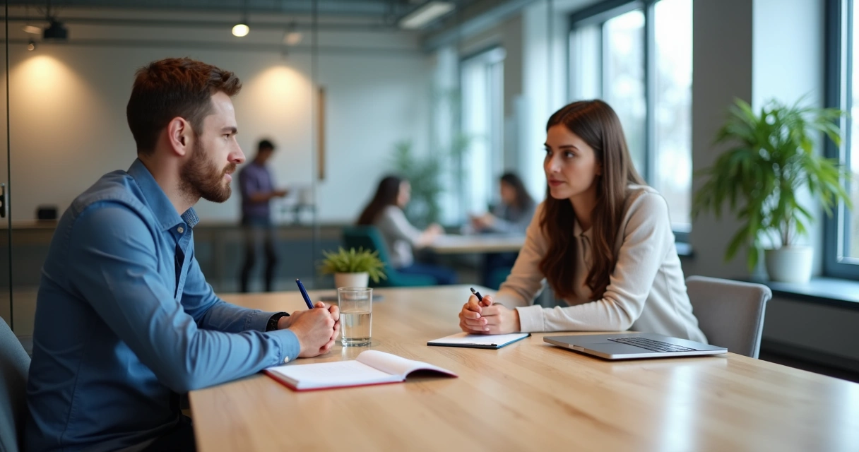 Gestor e colaboradora em conversa de feedback em sala de reunião moderna 