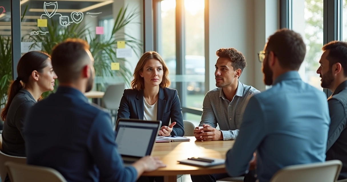 Líder e equipe em roda de conversa praticando feedback com clima de segurança psicológica 
