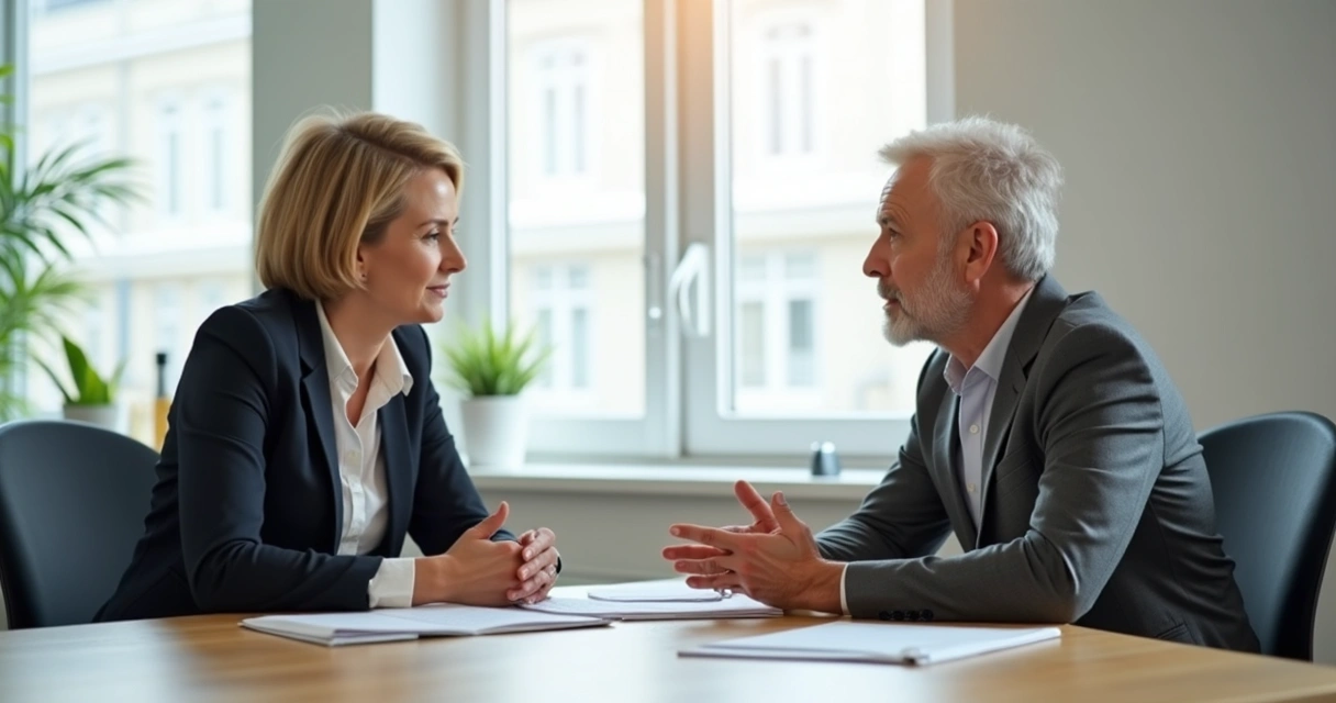 Duas pessoas conversando em ambiente de escritório, uma delas oferecendo feedback enquanto a outra escuta atentamente 