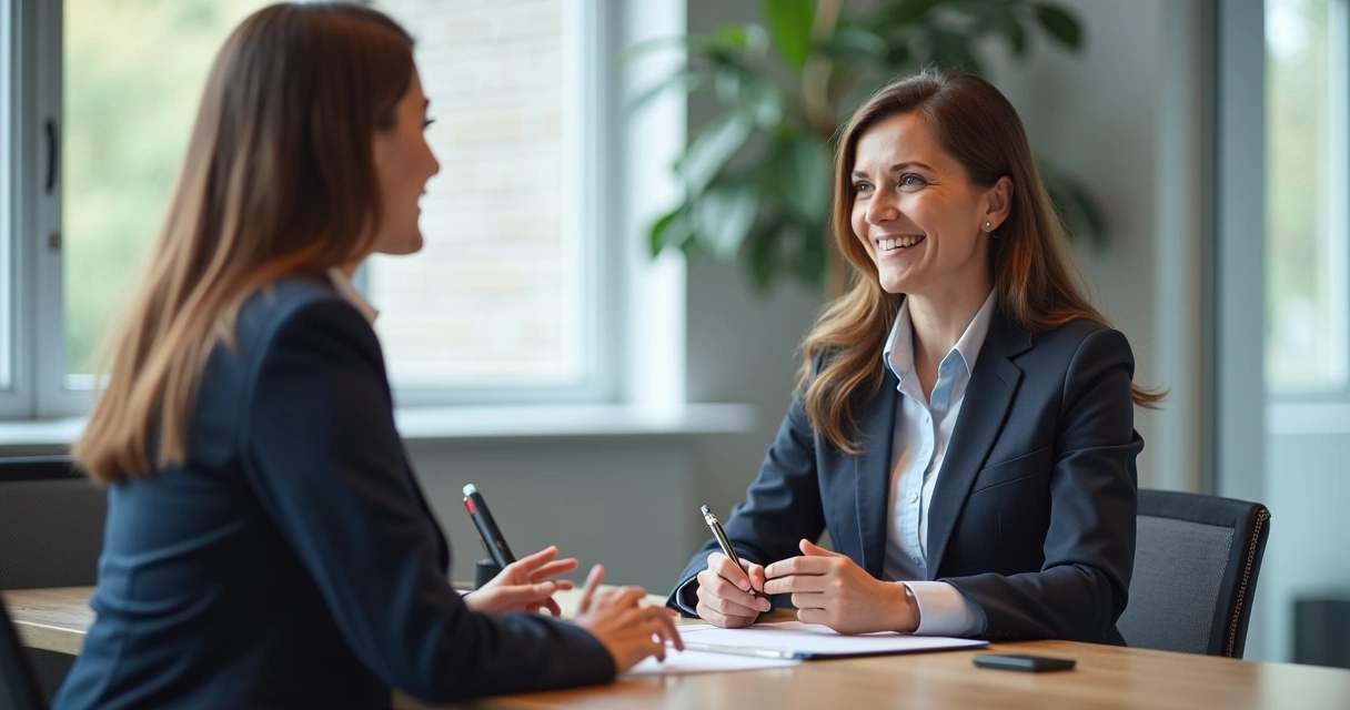 Duas pessoas conversando após apresentação em sala de reunião