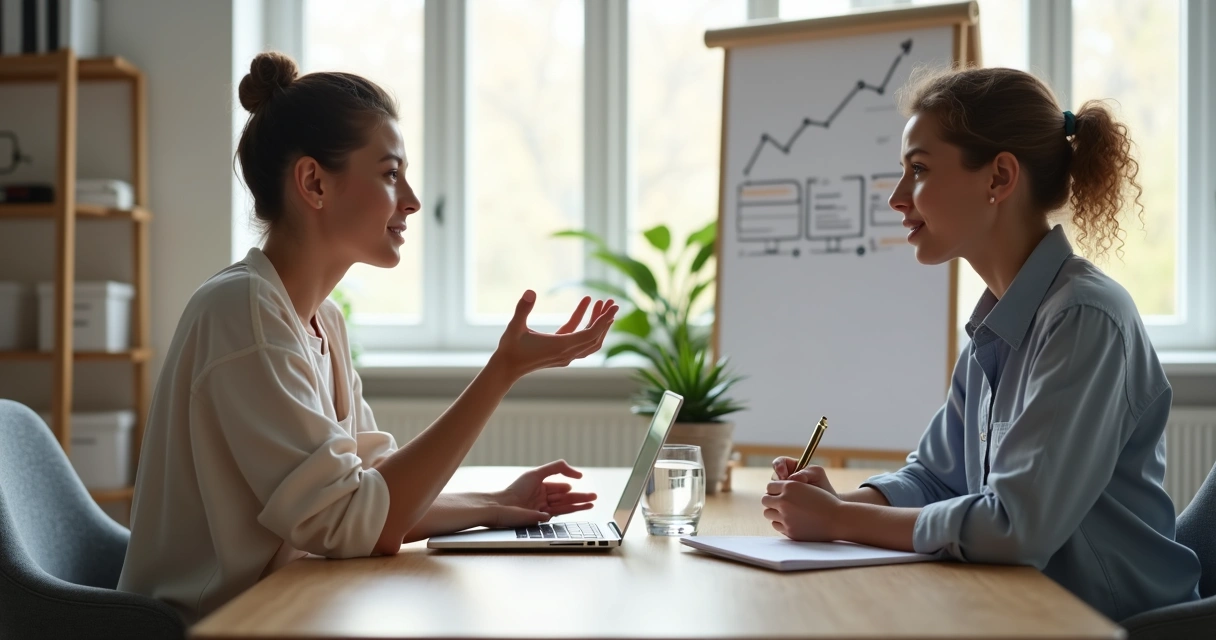 Duas pessoas em reunião trocando feedback de forma calma e respeitosa 
