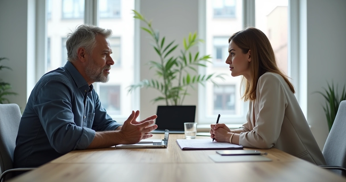 Duas pessoas em reunião séria trocando feedback construtivo em escritório moderno 
