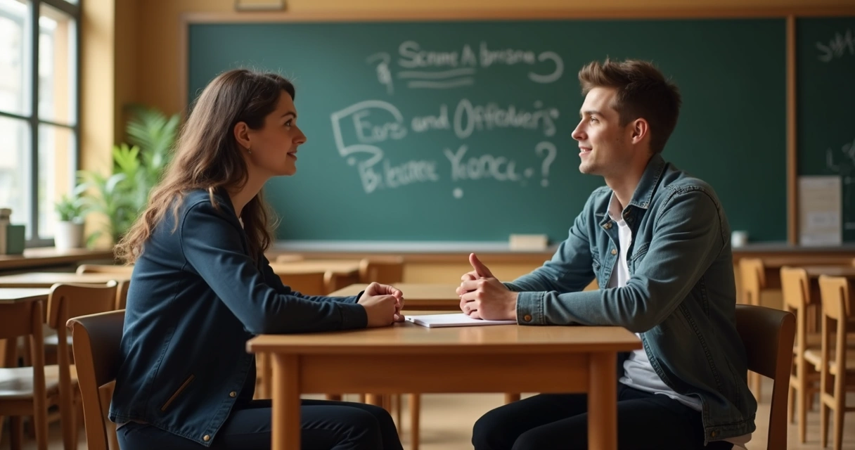 Professor dialogando com aluno em sala de aula, quadro ao fundo, atmosfera de questionamento 
