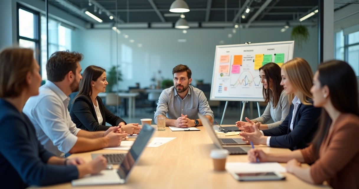 Equipe em reunião de feedback construtivo em empresa moderna 