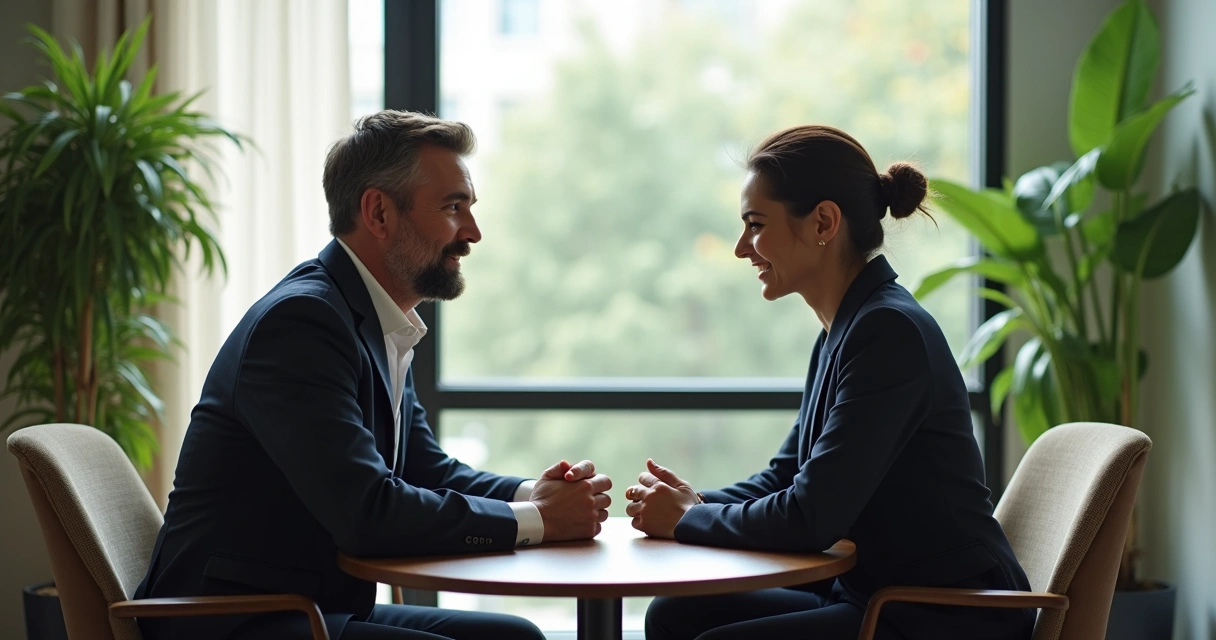 Líder conversando com colaborador em ambiente de trabalho durante um feedback construtivo. 
