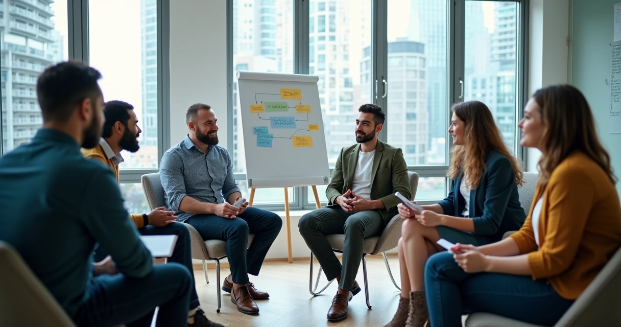 Equipe reunida trocando feedbacks construtivos em sala moderna 
