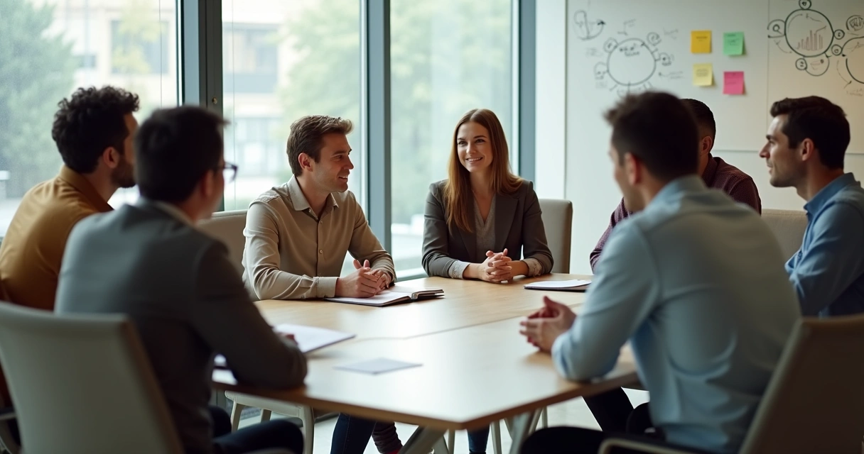 Equipe em círculo trocando feedback construtivo em ambiente de trabalho moderno 