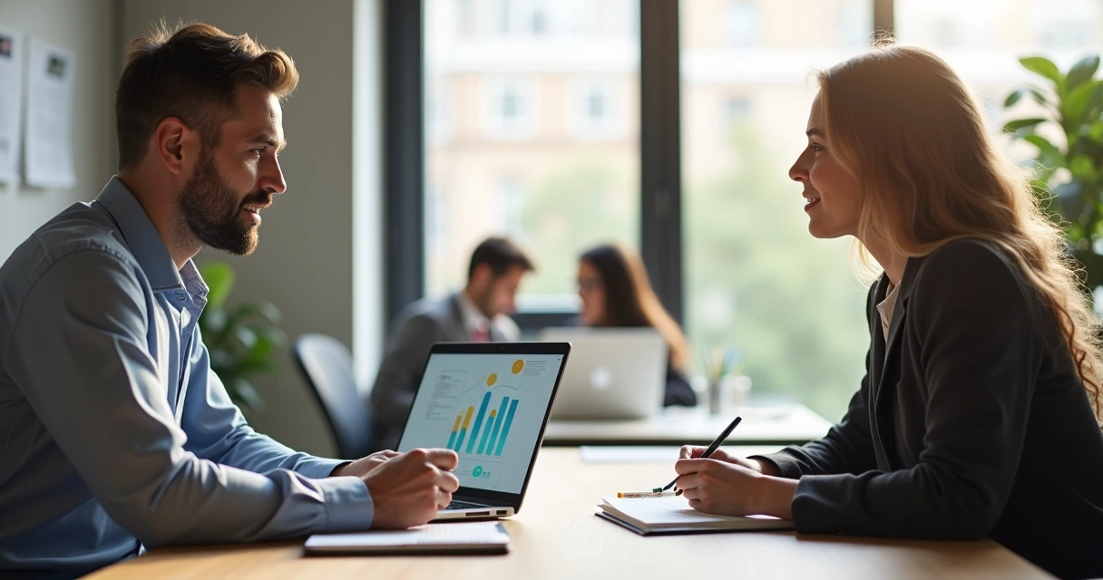Gestor e colaboradora em reunião de feedback construtivo em ambiente corporativo moderno 