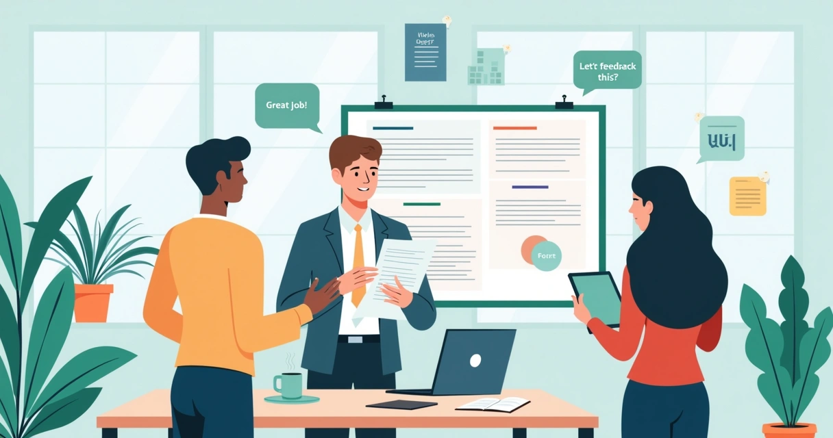 Grupo diverso de profissionais trocando feedback construtivo em um escritório iluminado e colaborativo.