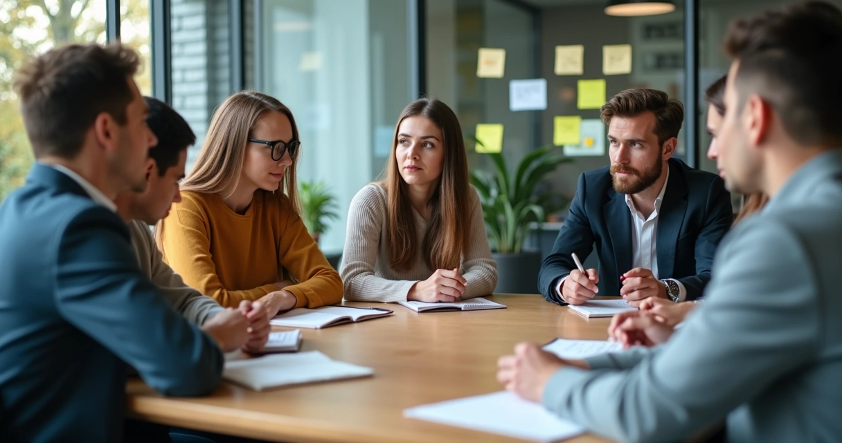 Reunião em escritório com pessoas conversando e anotando em bloco de notas 
