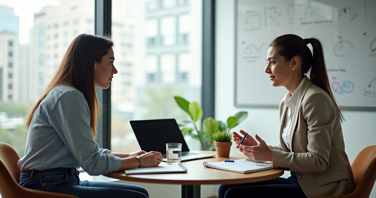 Líder e colaboradora em conversa de feedback construtivo em uma sala de reunião moderna 