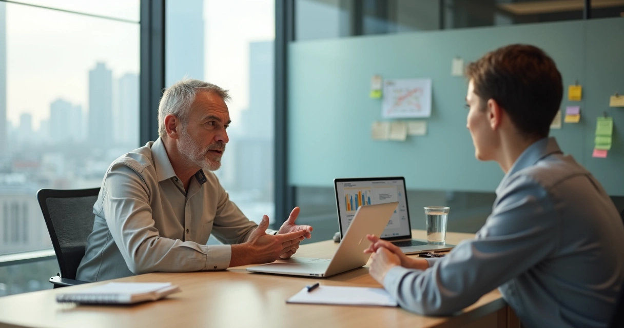 Líder dando feedback construtivo em reunião de trabalho 