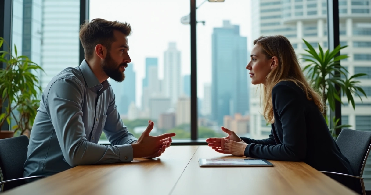 Líder e colaborador conversando para feedback construtivo em escritório moderno 
