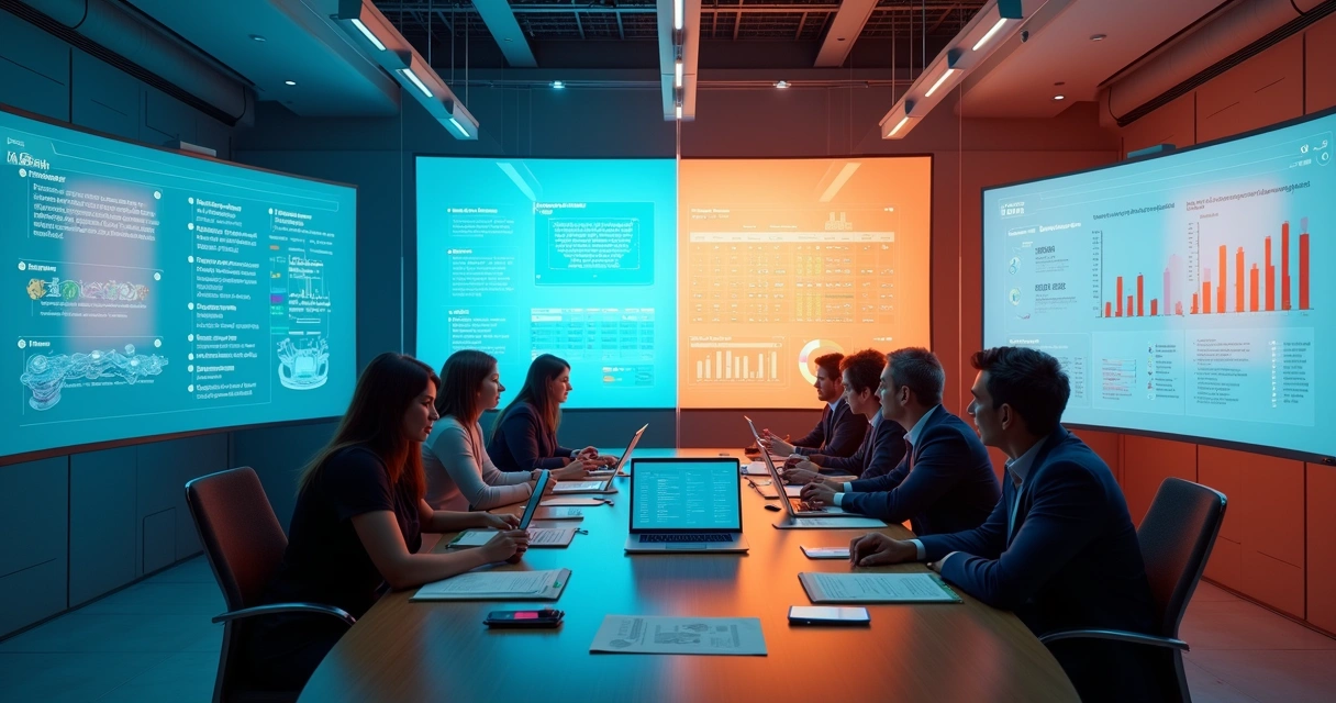 Dois líderes de tecnologia comparando feedback contínuo e avaliação formal em um painel digital 