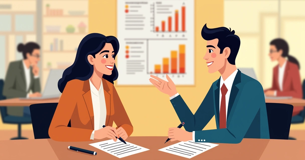 Colaborador recebe feedback de gestor, ambos sorrindo em mesa de reunião.