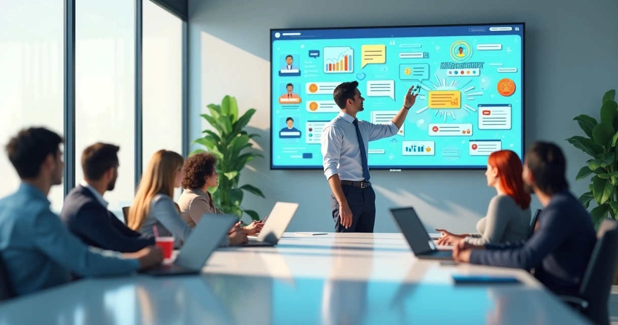 Gestor e equipe em reunião colaborativa com painel de feedback digital 