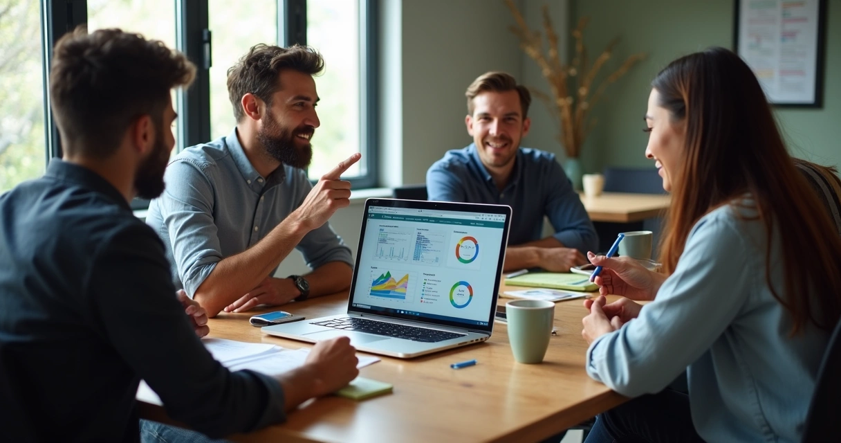 Equipe diversa em reunião informal, com laptop mostrando dados de feedback e gráficos de IA 