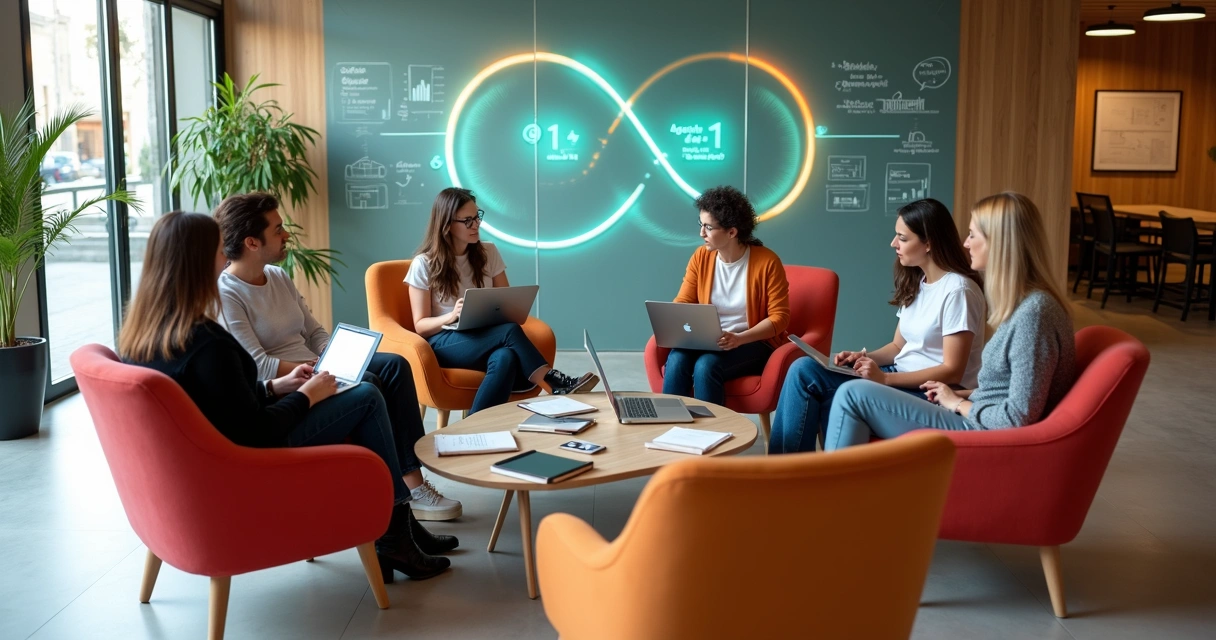 Time de RH em roda de conversa trocando feedback contínuo em espaço colaborativo 