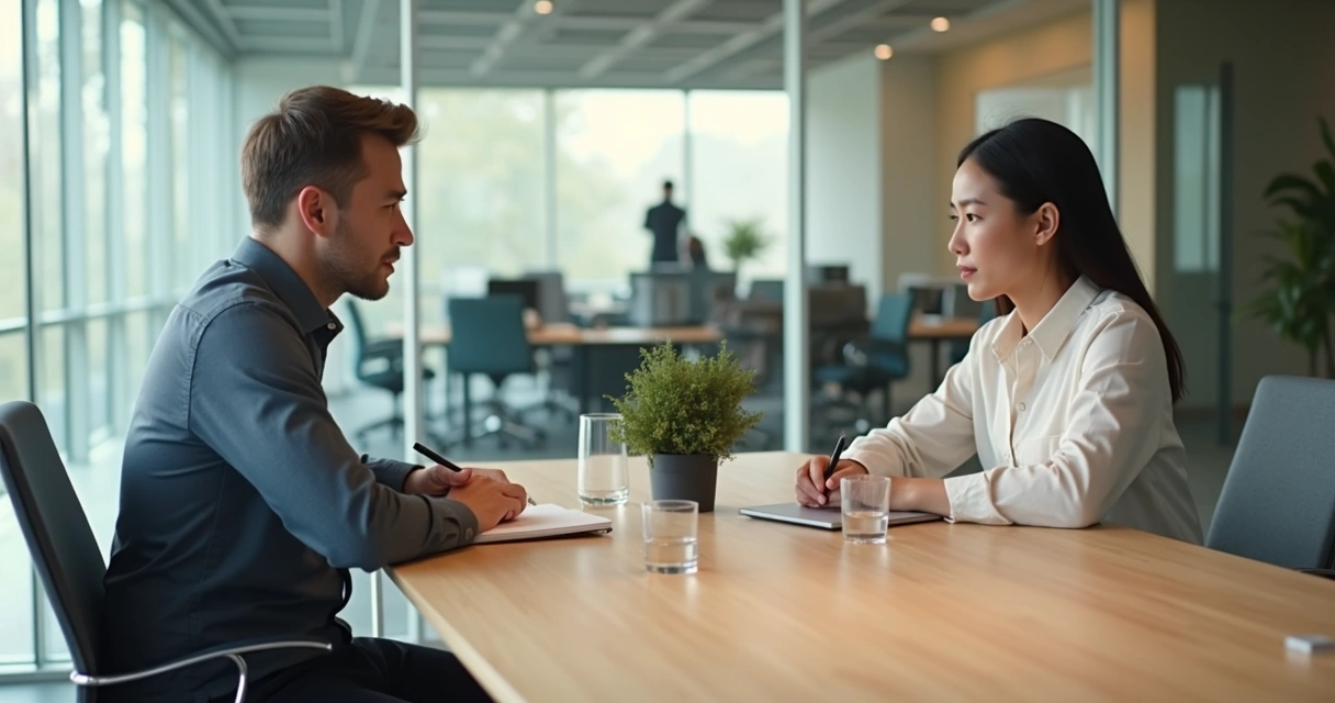 Líder e colaborador em conversa de feedback séria e respeitosa em sala de reunião moderna 