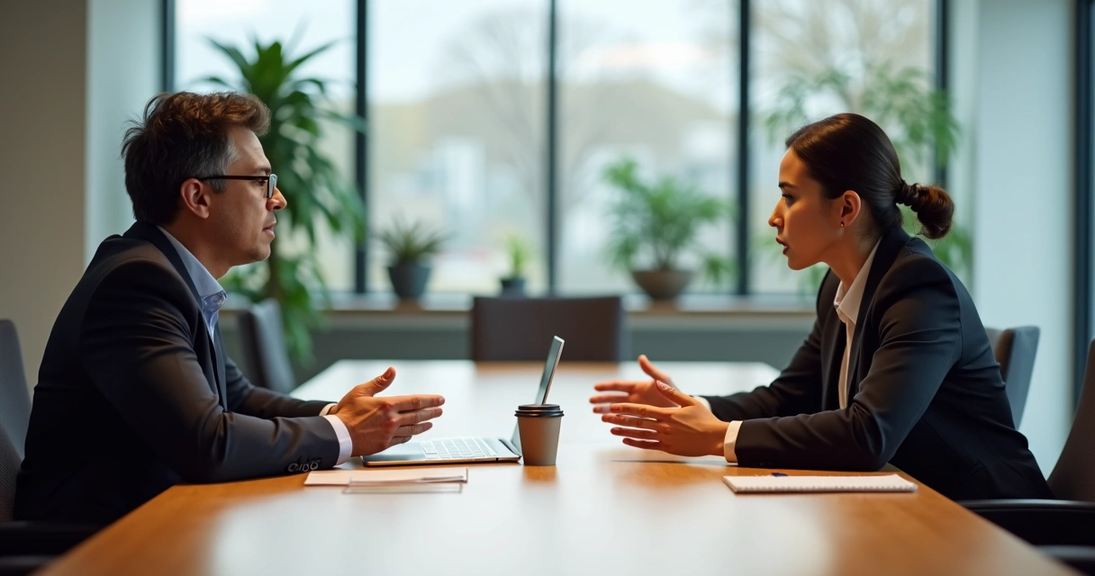 Duas pessoas em reunião séria trocando feedback com postura calma e respeitosa 
