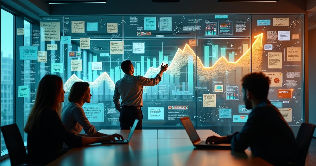 Mural digital com anotações de clientes se transformando em gráfico de vendas em crescimento 