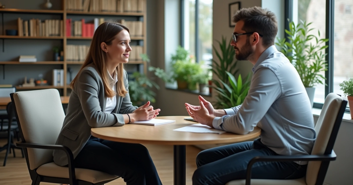 Two coworkers having a feedback conversation at a small table 