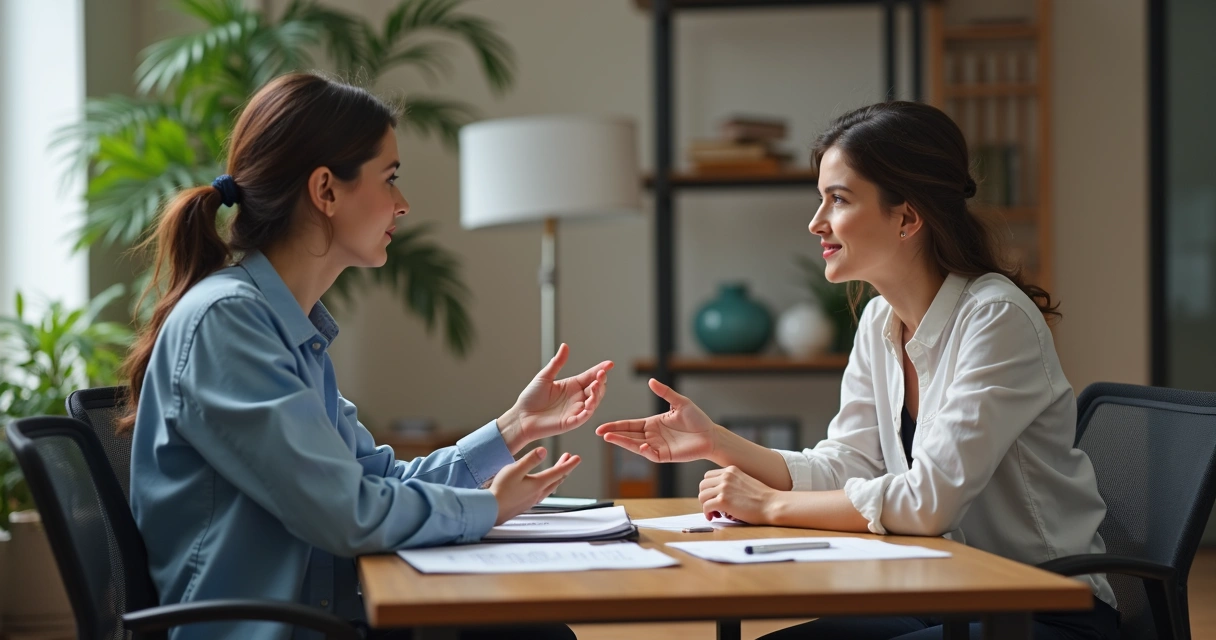 Two people in office attire sitting at a table, one giving feedback using open hand gestures, both maintaining eye contact 