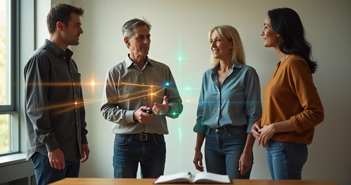 Four people exchanging feedback with colorful light prisms between them 