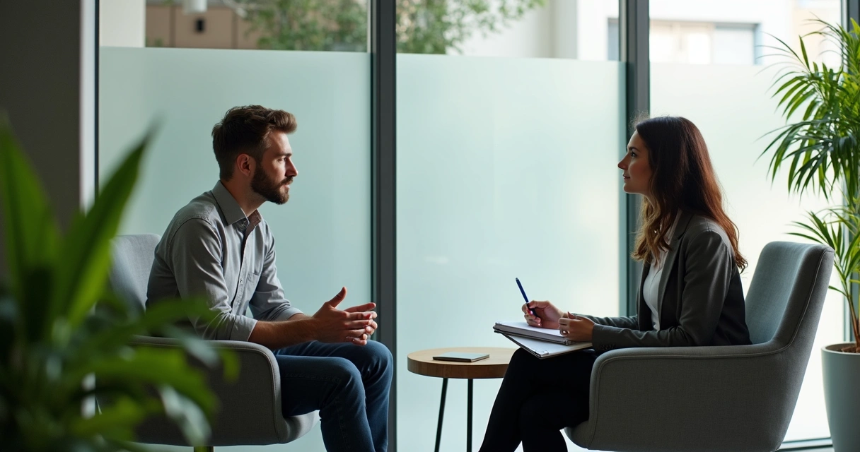 Two coworkers having a respectful feedback conversation in an office 