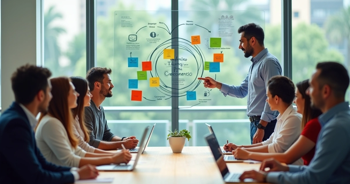 Grupo diverso em reunião analisando feedback em quadro com gráficos coloridos 