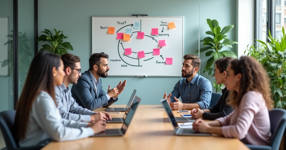 Equipe diversa em reunião de feedback colaborativo em escritório moderno 