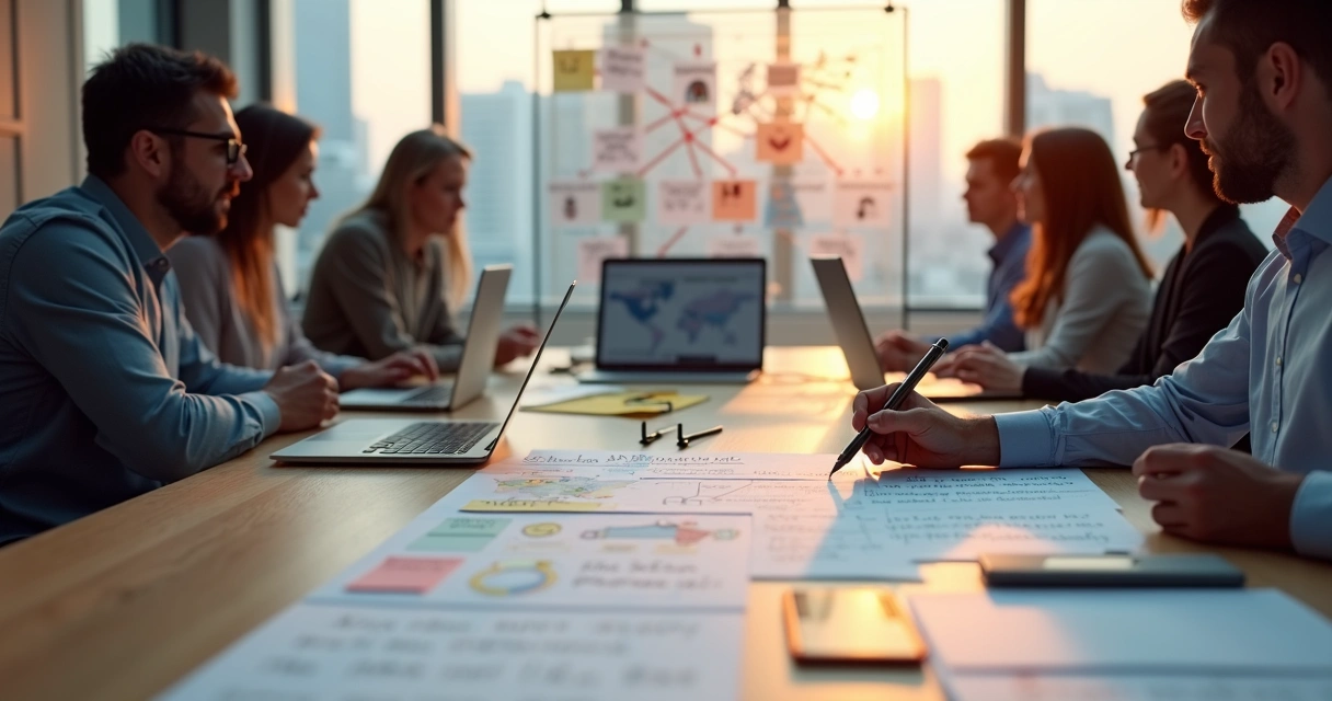 Equipe multinacional revisando feedbacks impressos e digitais em mesa compartilhada 