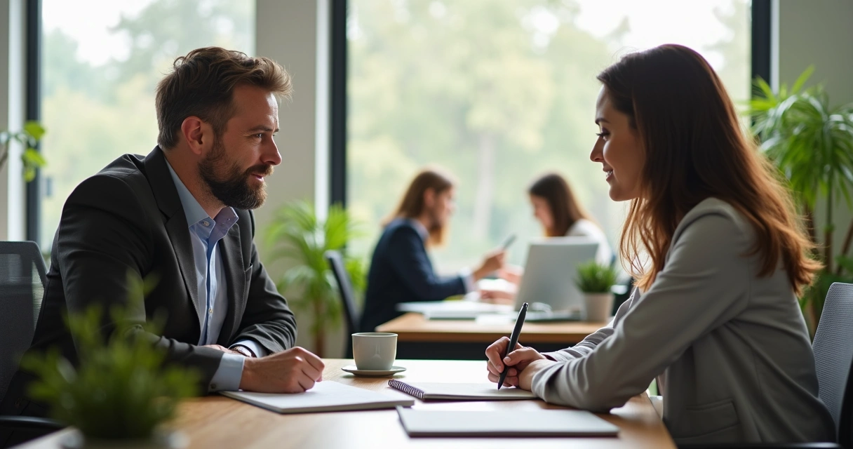 Líder conversando com colaborador em feedback breve no escritório 